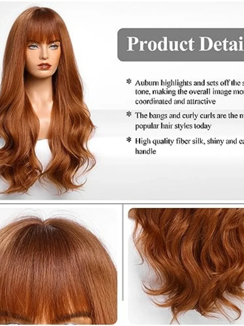 Auburn Wig with Bangs for Women Auburn Long Wavy Hair Wig Curly Wavy Synthetic